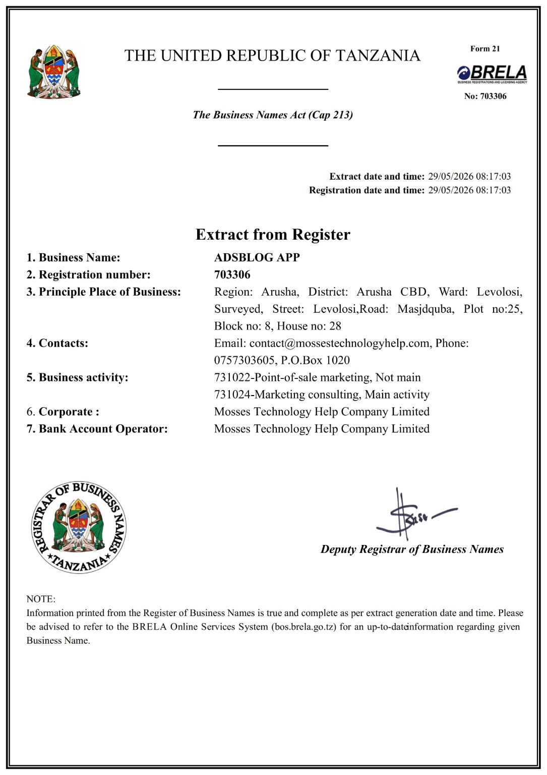 BRELA Extract from Register